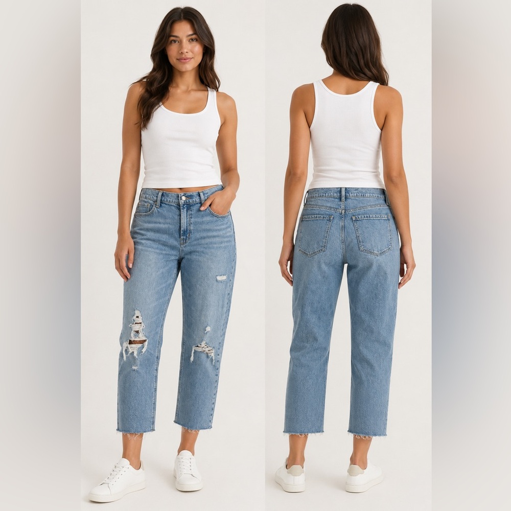 Old Navy Mid Rise Boyfriend Straight Leg Distressed Frayed Raw Hem Jeans 8 Eight